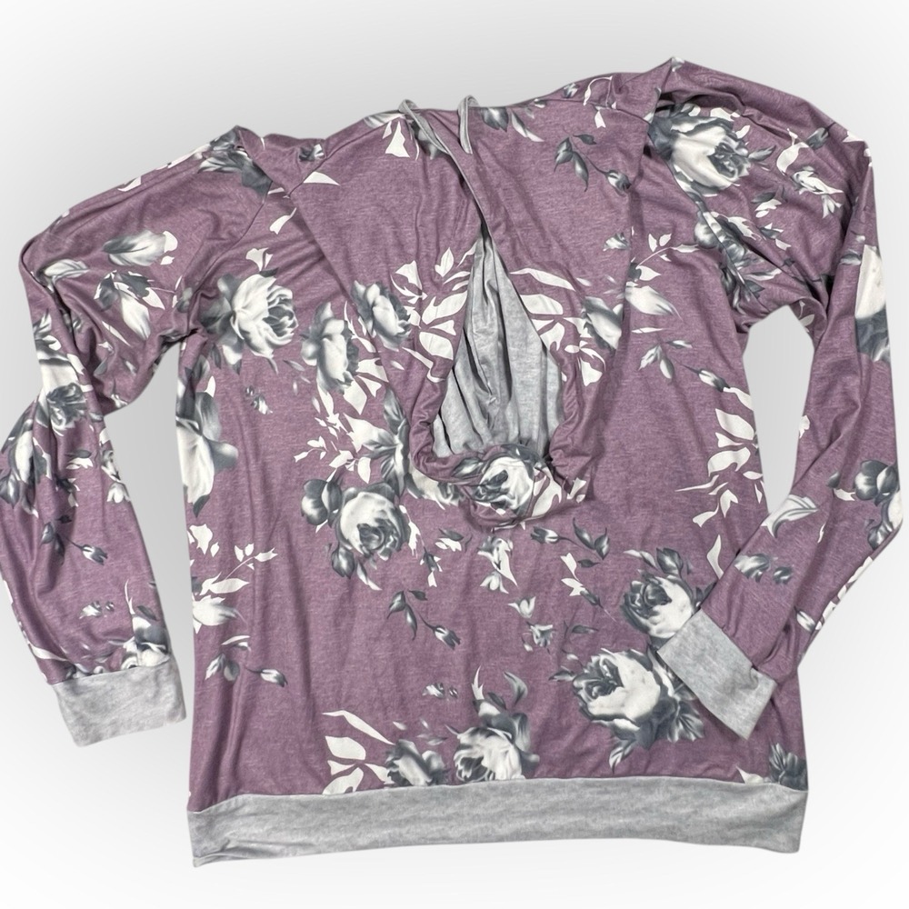 BARLVER‎ Hoodie Pullover Top Sz XL Lavender Black Gray Roses Super Soft Cozycore - Picture 6 of 12
